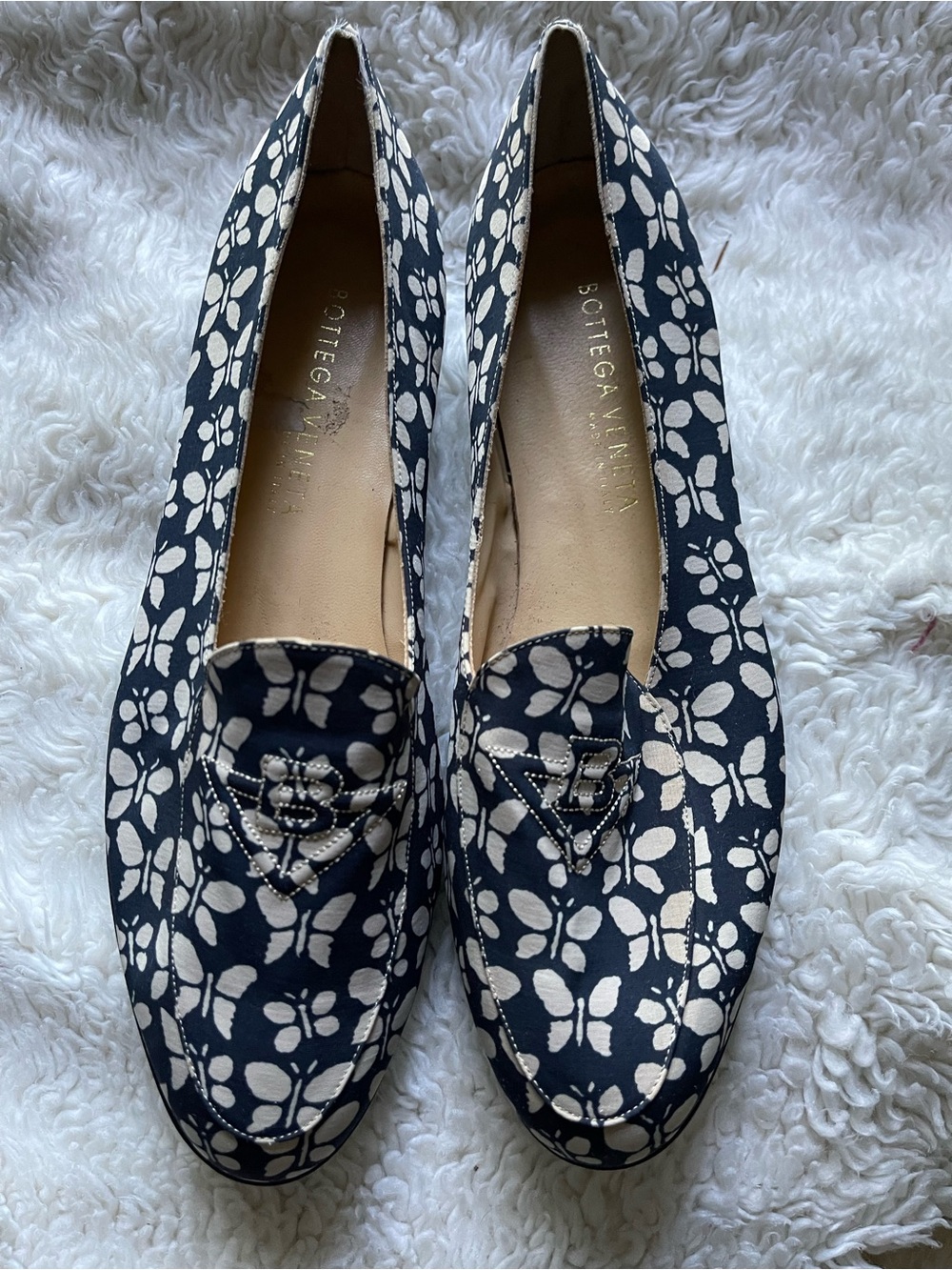 Bottega Veneta Navy and Cream Floral Canvas Loafers